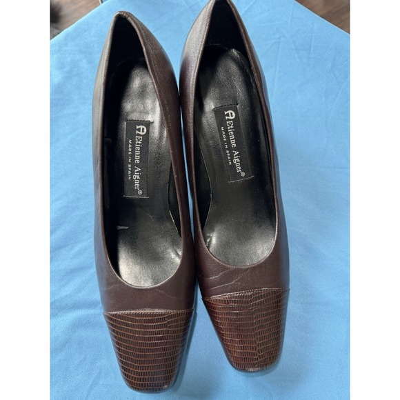 Aigner Vintage Spain Pumps Dark Brown Body / Snakeskin Embossed Cap Toe 8 1/2 M - Picture 8 of 8